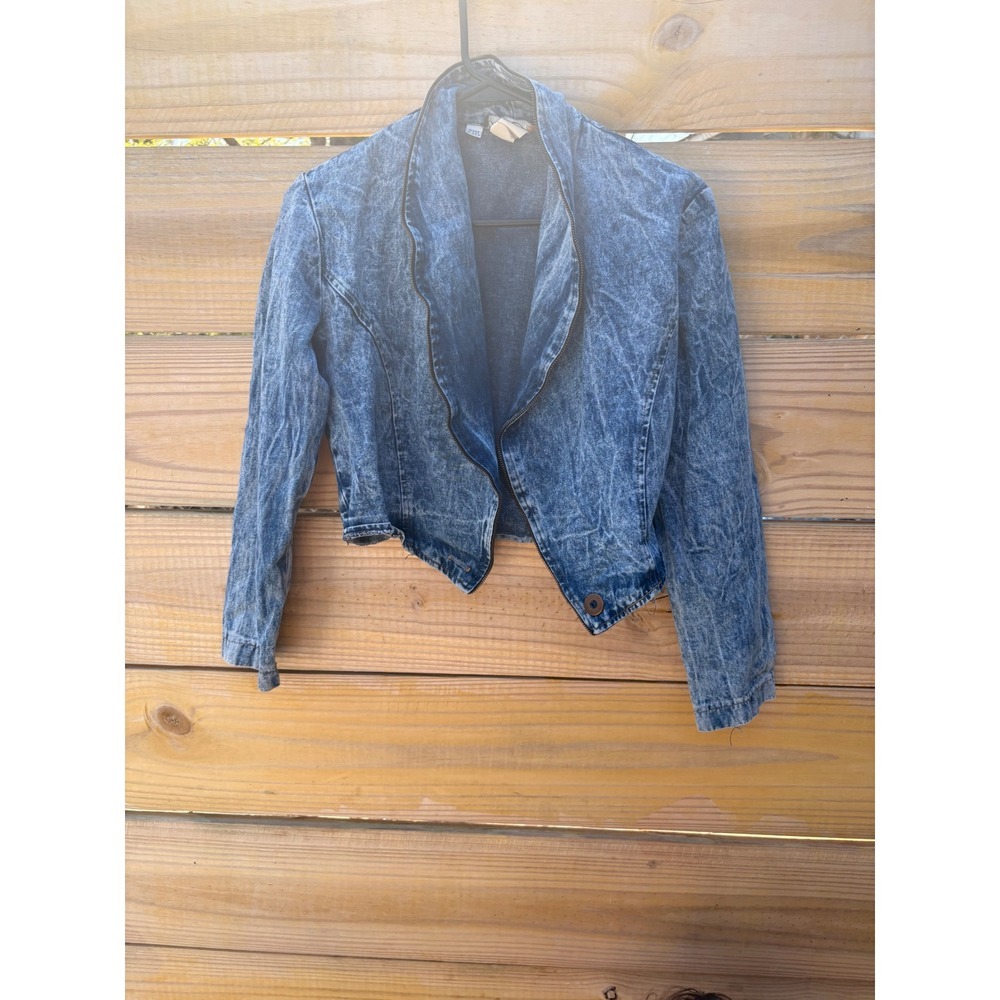 Champagne West Vintage 80s Acid Wash Denim Asymmetrical Cropped Jacket Blue Sz 7